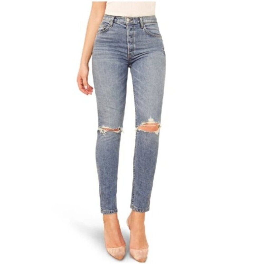 Reformation Skinny Jeans in Light Blue with Knee Rips